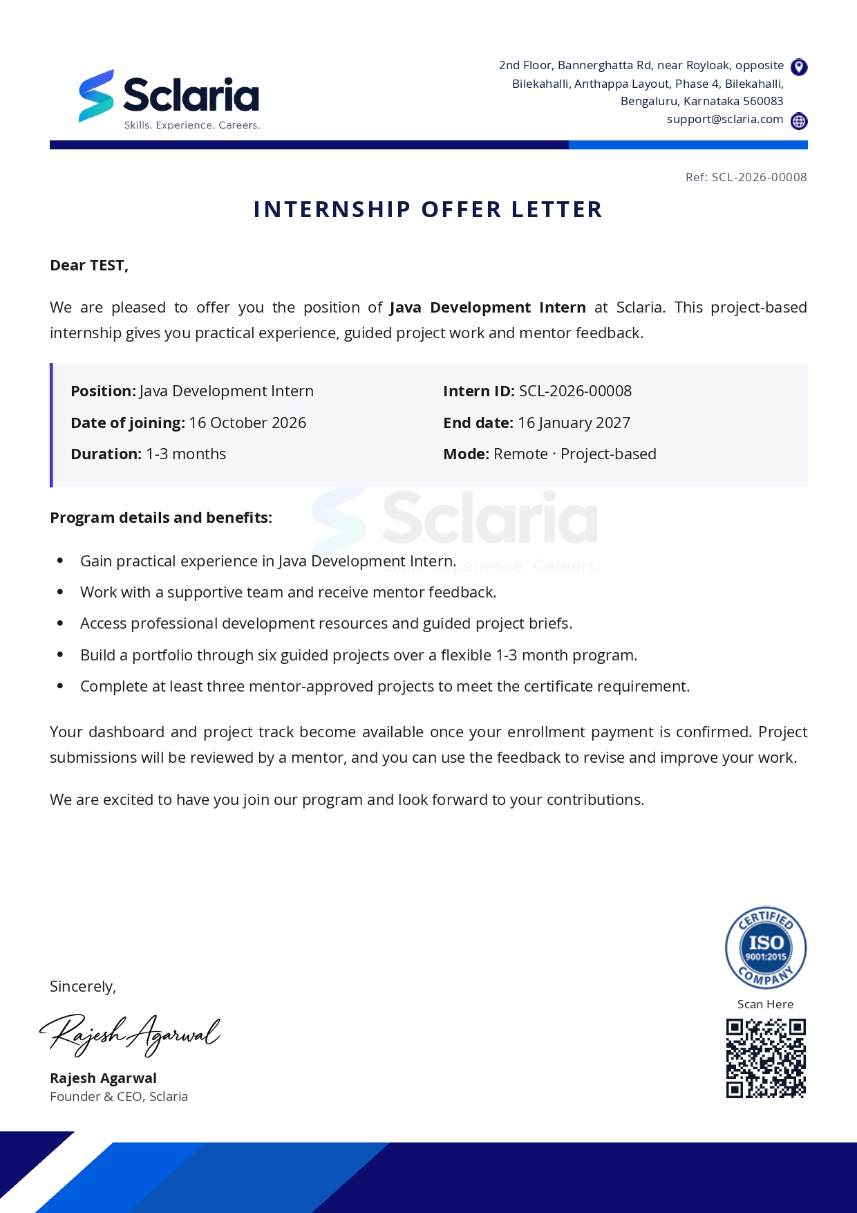 Sample Sclaria internship offer letter
